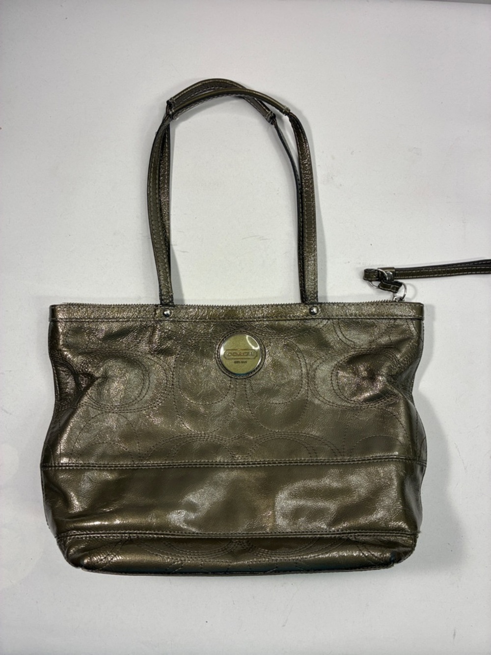 Coach Metallic Olive Green Leather Tote with Wristlet